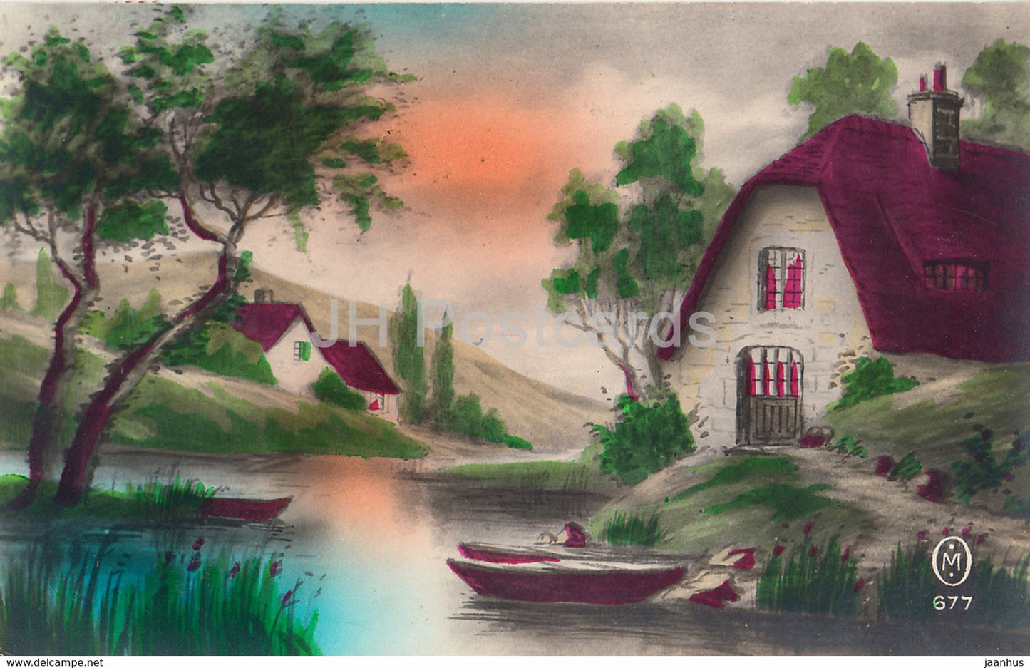 House - Boat - illustration - old postcard - France - used - JH Postcards