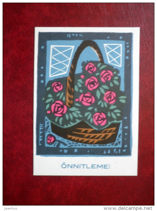 greeting card - red roses - flowers - mini format card - 1969 - Estonia USSR - used - JH Postcards