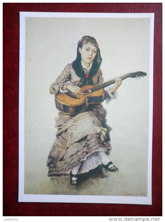 painting by V. Surikov , Portrait of A. Kropotkina with guitar - russian art  - unused - JH Postcards
