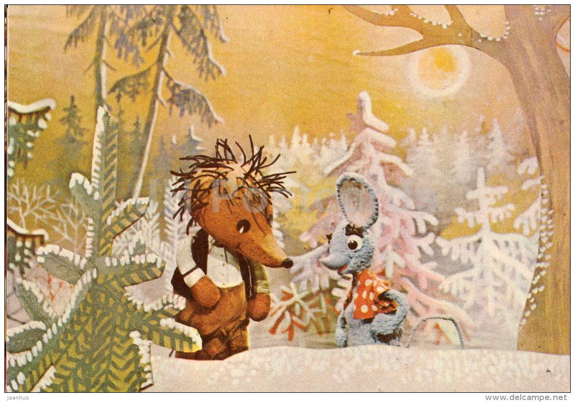 New Year Greeting card - 1 - puppetry - hedgehog - mouse - 1978 - Estonia USSR - used - JH Postcards