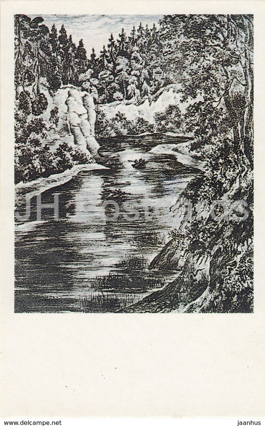 Lithography by R. Opmane - To the Gauja river - latvian art - Gauja National Park - 1982 - Latvia USSR - unused - JH Postcards
