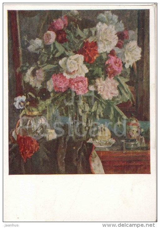 painting by P. Pokarzhevsky - Peonies in the Vase - flowers - russian art - unused - JH Postcards
