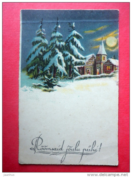christmas greeting card - church - winter - circulated in Estonia 1931 - JH Postcards