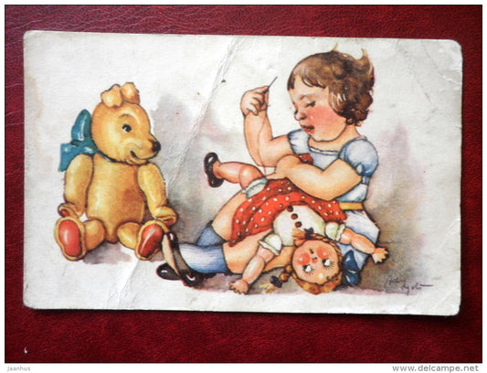 little girl with dolls - bear - 708 - circulated in 1936 - Estonia - used - JH Postcards