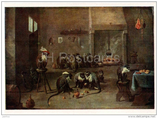 painting by David Teniers the Younger - Monkeys in the Kitchen - flemish art - unused - JH Postcards