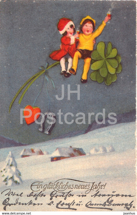 New Year Greeting Card - Ein Gluckliches Neues Jahr - children - WSSB 9576/2 - old postcard - 1926 - Germany - used - JH Postcards