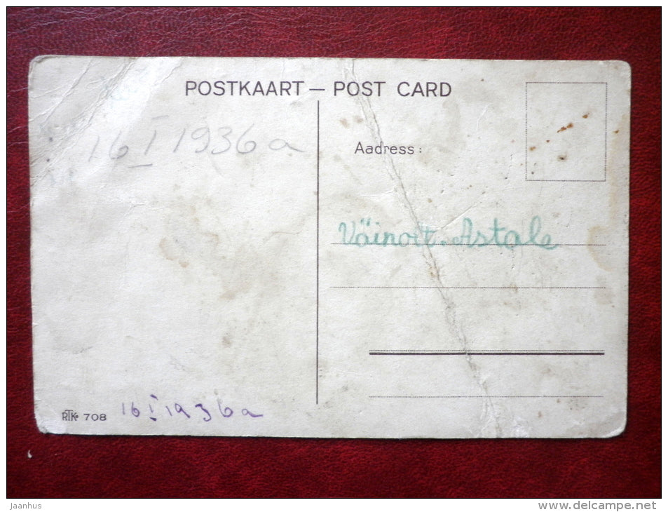 little girl with dolls - bear - 708 - circulated in 1936 - Estonia - used - JH Postcards