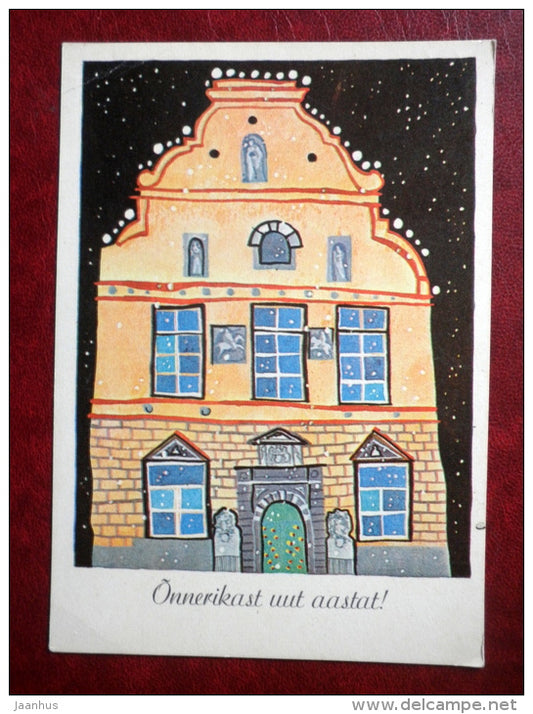 New Year greeting card - by J. Tammsaar - building in Old Town - 1982 - Estonia USSR - used - JH Postcards