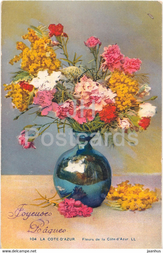 Easter Greeting Card - Joyeuses Paques - 104 - Fleurs de la Cote d'Azur - illustration - old postcard - France - unused - JH Postcards