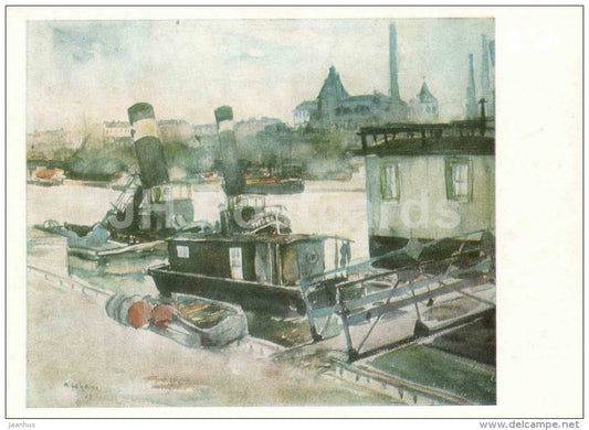 painting by A. Johani - Seine bank , 1937 - boats - Paris motives - estonian art - unused - JH Postcards