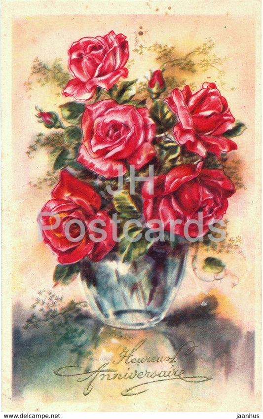 Birthday Greeting Card - Heureux Anniversaire - flowers in a vase - illustration - old postcard - France - used - JH Postcards