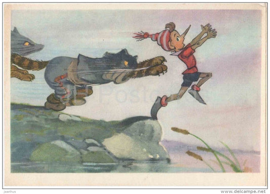 Buratino . Golden Key - Pinocchio - cat Basilio - fox - Russian Fairy Tale by A. Tolstoy - 1965 - Russia USSR - unused - JH Postcards