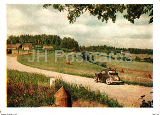 landscape of the Vidzeme Upland - car - old postcard - 1957 - Latvia USSR - unused - JH Postcards
