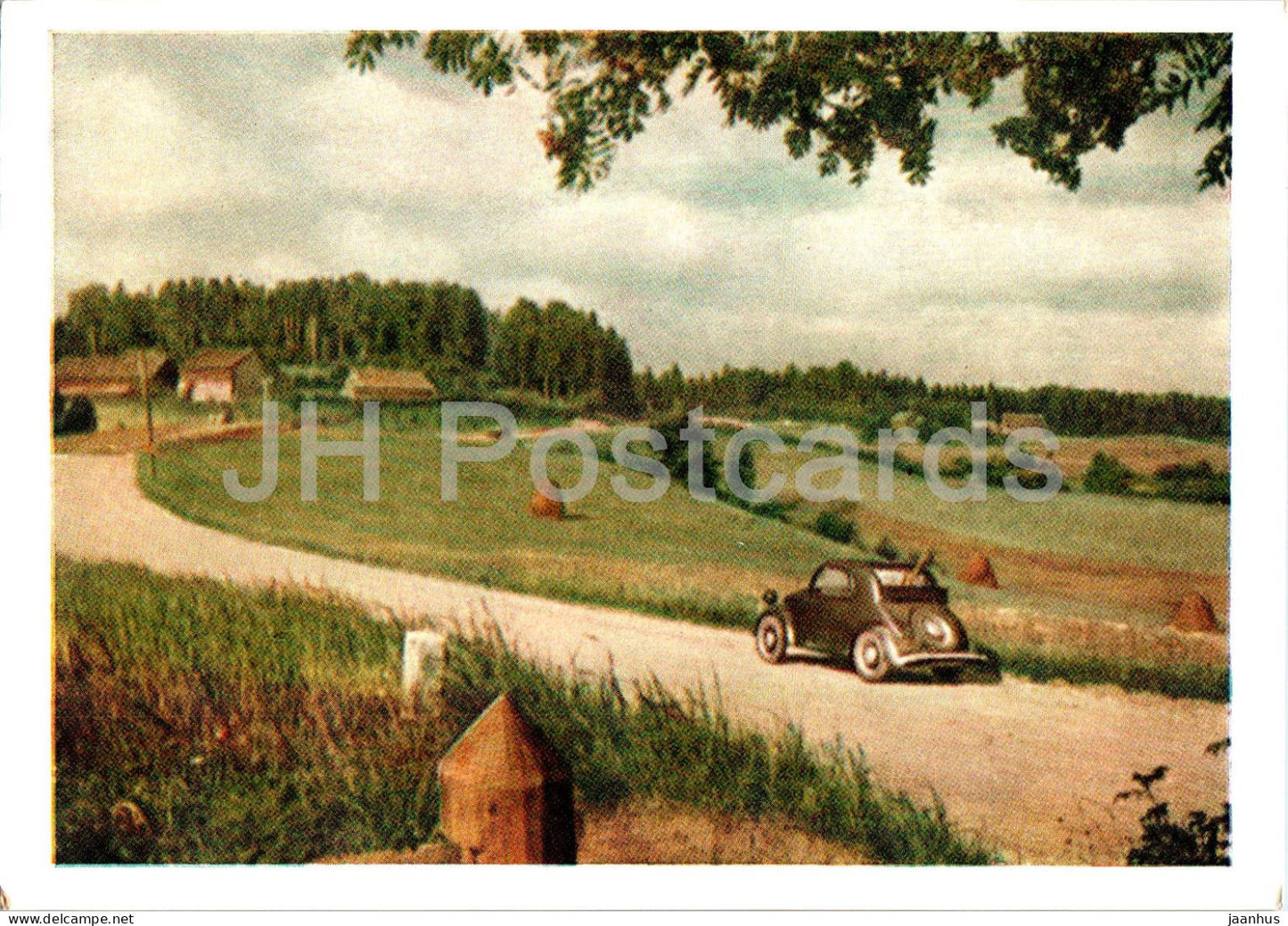 landscape of the Vidzeme Upland - car - old postcard - 1957 - Latvia USSR - unused - JH Postcards