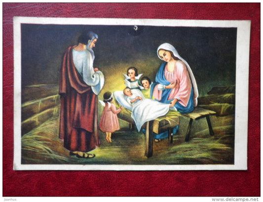 Christmas Greeting Card - Jesus child - Mary and Joseph - angels - 1920s-1930s - Estonia - unused - JH Postcards