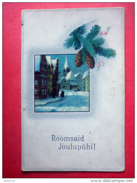 christmas greeting card - town - cones - circulated in Estonia 1919 - JH Postcards