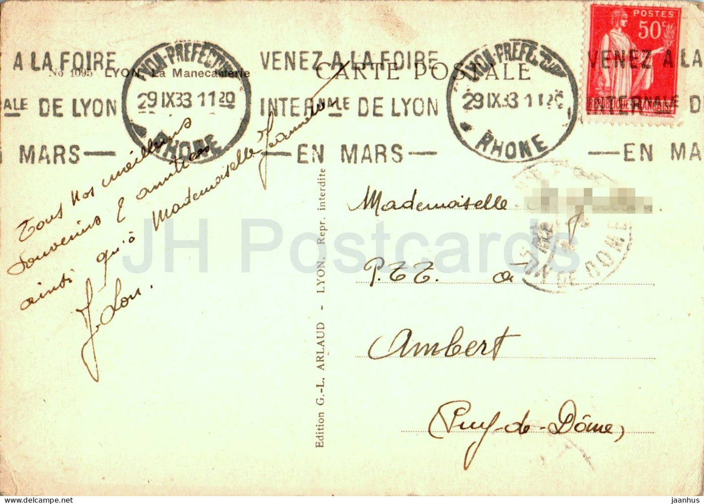 Lyon - La Manecanterie - 1095 - carte postale ancienne - 1933 - France - occasion 