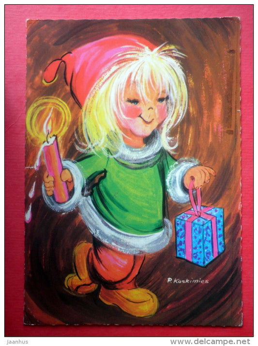 Christmas Greeting Card by P. Koskimies - lantern - dwarf - candle - gift - 2568/6 - Finland - sent to Estonia USSR 1973 - JH Postcards