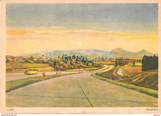 illustration by L. Bilz - Autobahn - bus - 1130 - old postcard - Germany - unused - JH Postcards