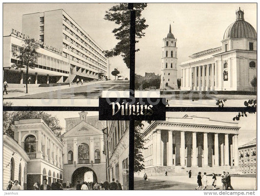 Gintaras Hotel - Picture Gallery - Ausra Gateway - The National Library Vilnius - old postcard - Lithuania USSR - unused - JH Postcards