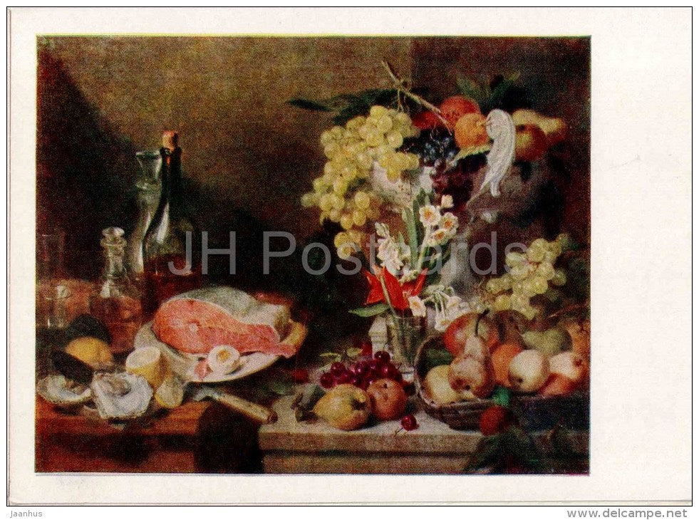 painting by V. Golike - Still Life . Fruits and Flowers , 1832 - fish - grape - peach - apple - russian art - unused - JH Postcards