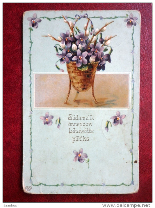 Easter Greeting Card - flowers - basket - circulated in 1910 - Estonia - Tsarist Russia - used - JH Postcards