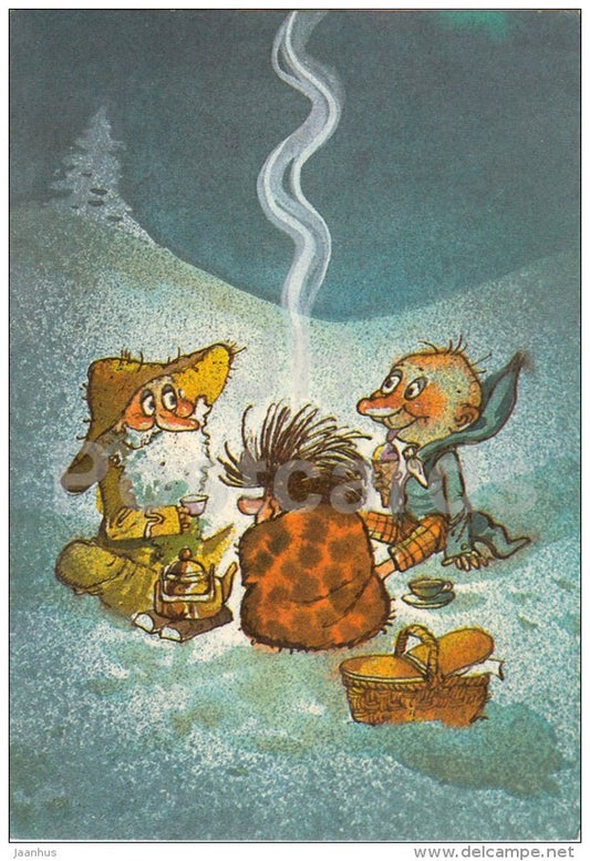 New Year Greeting card - by E. Valter - Naksitrallid - picnic in the winter - teapot - 1987 - Estonia USSR - used - JH Postcards