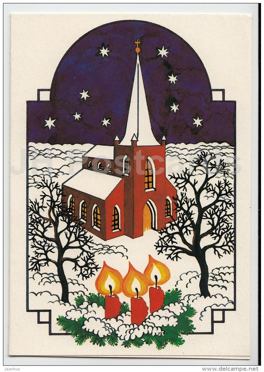 New Year Greeting card by R. Vinn - church - candles - 1991 - Russia USSR - used - JH Postcards