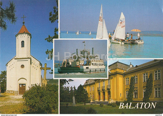 Greeting from the lake Balaton - sailing boat - church - ferry - 1989 - Hungary - used - JH Postcards