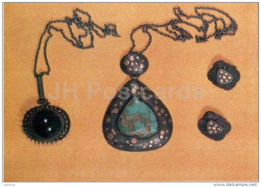 necklace and earrings and by E. Kurrel - silver - estonian jewelery art - 1975 - Estonia USSR - unused - JH Postcards