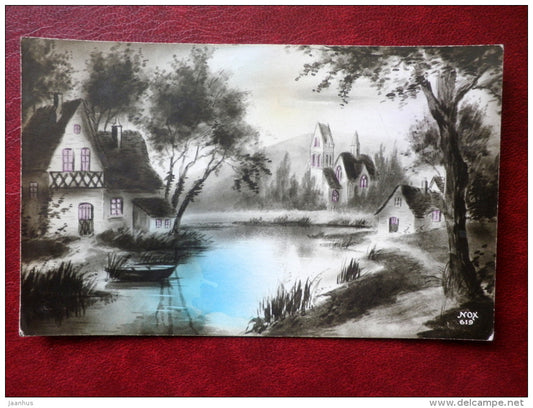 illustration - houses - boat - NOX 619 - France - unused - JH Postcards
