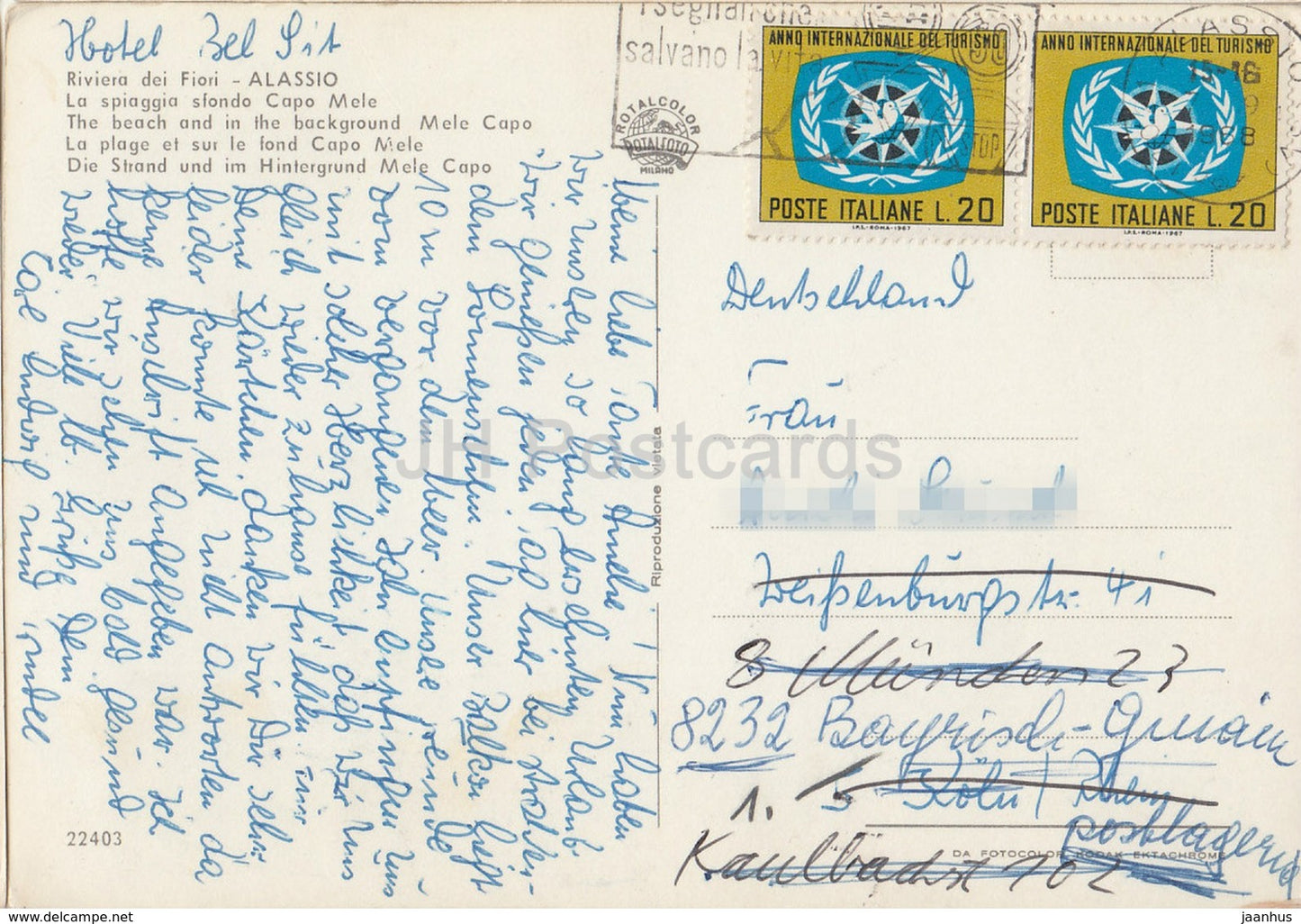 Riviera dei Fiori - Alassio - La Spiaggia sfondo Capo Mele - The Beach and Mele Capo - Italy - 1968 - used