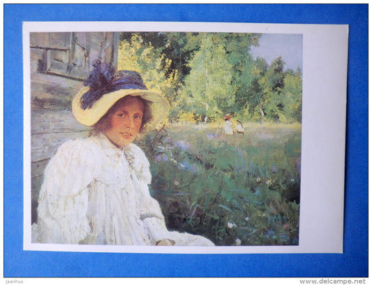painting by V. A. Serov - The Summer . Wife of A. Serov , 1895 - russian art - unused - JH Postcards