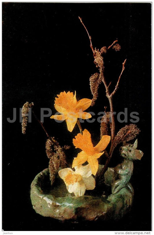 yellow narcissus - daffodil - ikebana - composition - flowers - 1971 - Latvia USSR - unused - JH Postcards