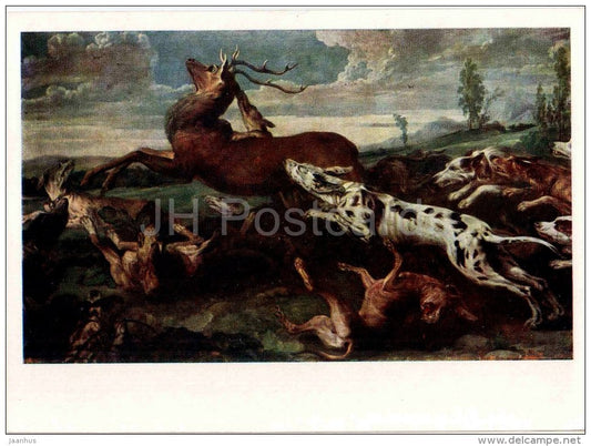 painting by Paul de Vos - deer Hunt - dog - dutch art - unused - JH Postcards