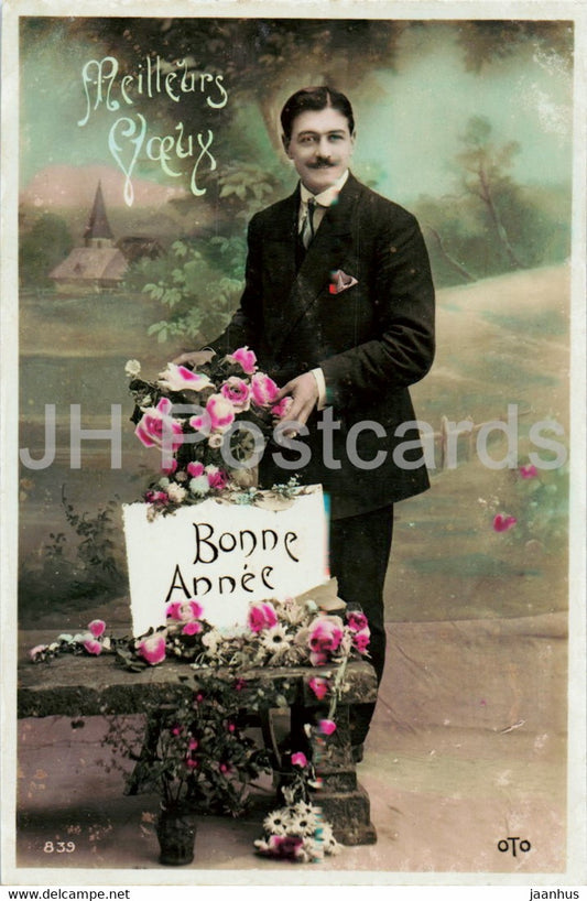 New Year Greeting Card - Bonne Annee - Meilleurs Voeux - man - 839 - OTO - old postcard - France - used - JH Postcards
