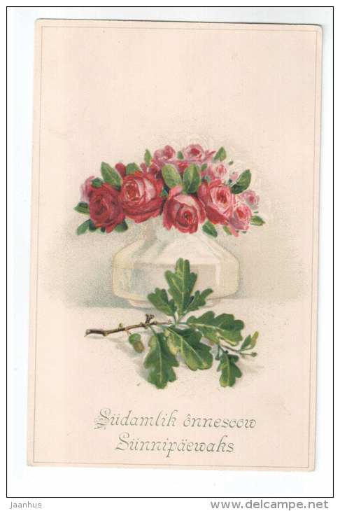 Birthday Greeting Card - flowers - roses - RPH 1776 - old postcard - circulated in Estonia - used - JH Postcards