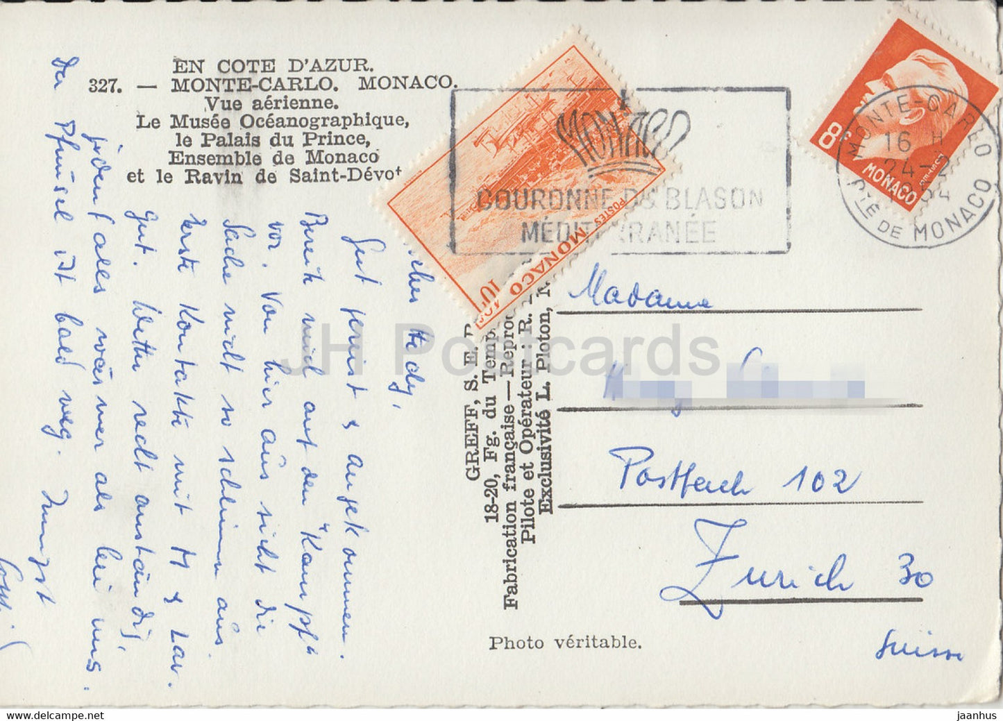 Monte Carlo - Vue Aerienne - Le Musee Oveanographique - Le Palais du Prince - 327 - old postcard - 1954 - Monaco - used