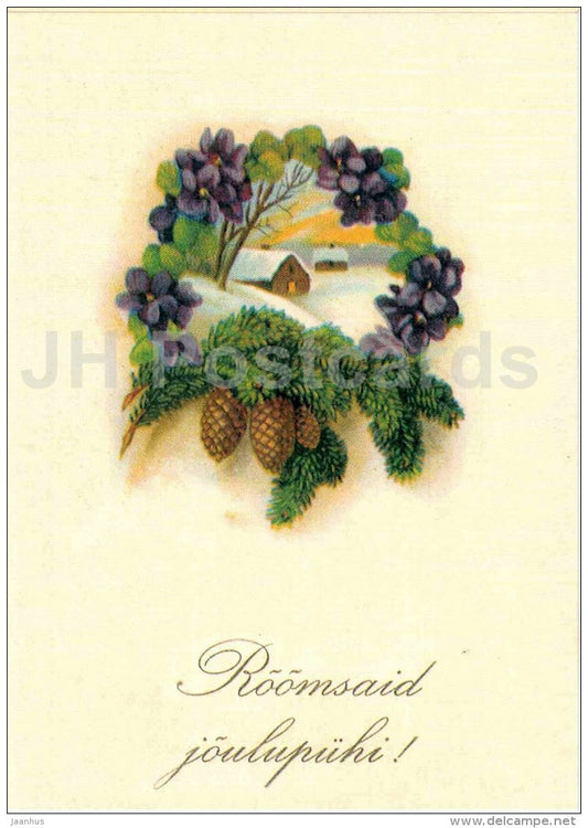 Christmas Greeting Card - fir cones - house - old postcard reproduction - Estonia - unused - JH Postcards