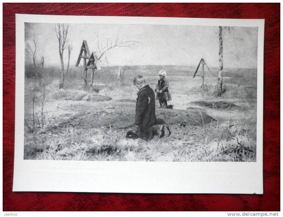 Illustration by N. A. Kasatkin - orphaned kids , 1891 - russian art - unused - JH Postcards