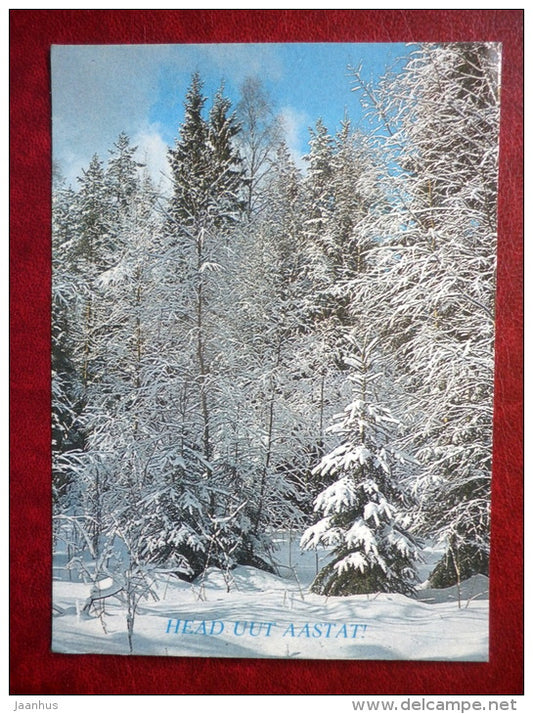 New Year Greeting card - winter forest - fir trees - 1986 - Estonia USSR - used - JH Postcards
