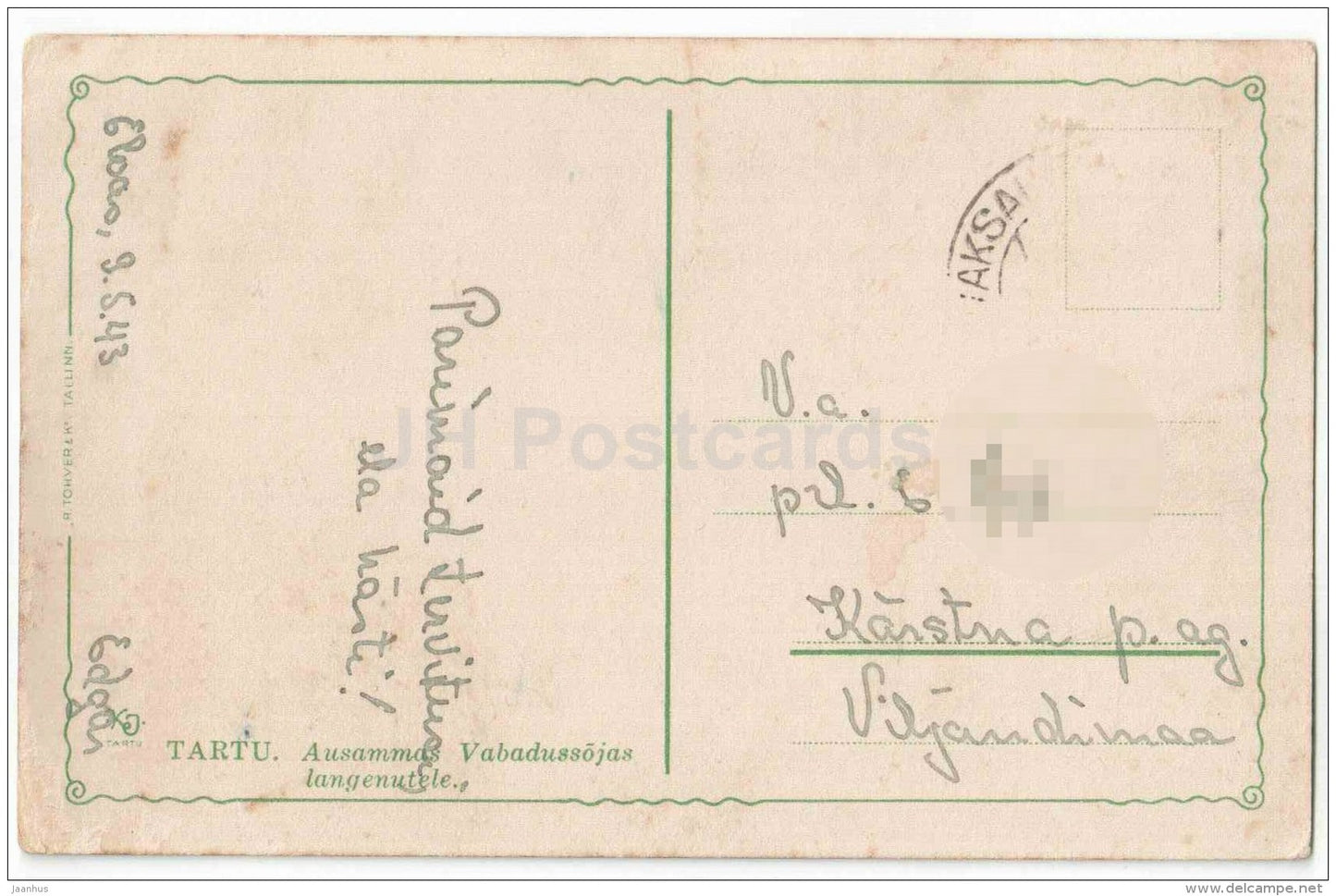 monument to people who killed in the War of Independence - Tartu - KJ Tartu - Estonia - circulated in Estonia 1943 - JH Postcards