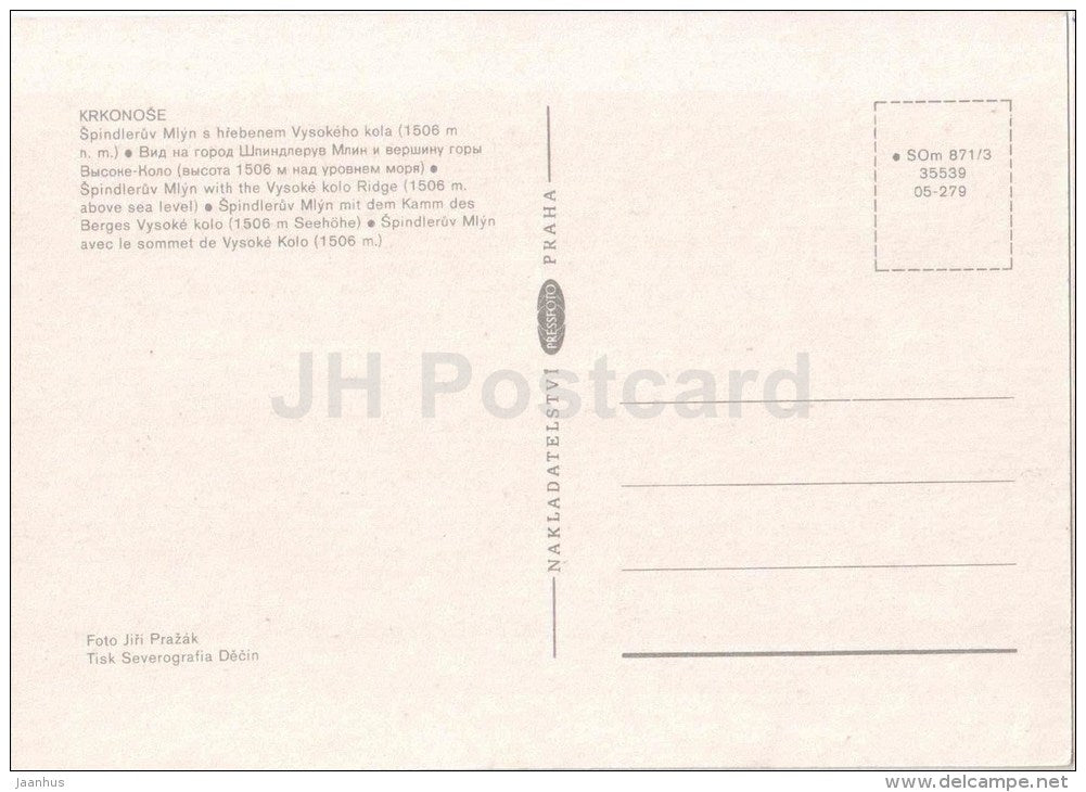 Krkonose - Spindleruv Mlyn with the Vysoke kolo Ridge - Czechoslovakia - Czech - unused - JH Postcards