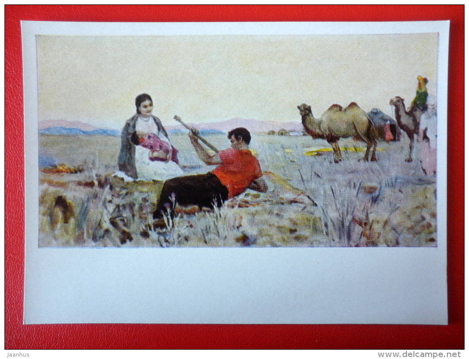 painting by K. Shayahmetov . Evening in the Steppe , 1959 - camel - music instrument - kazakhstan art  - unused - JH Postcards