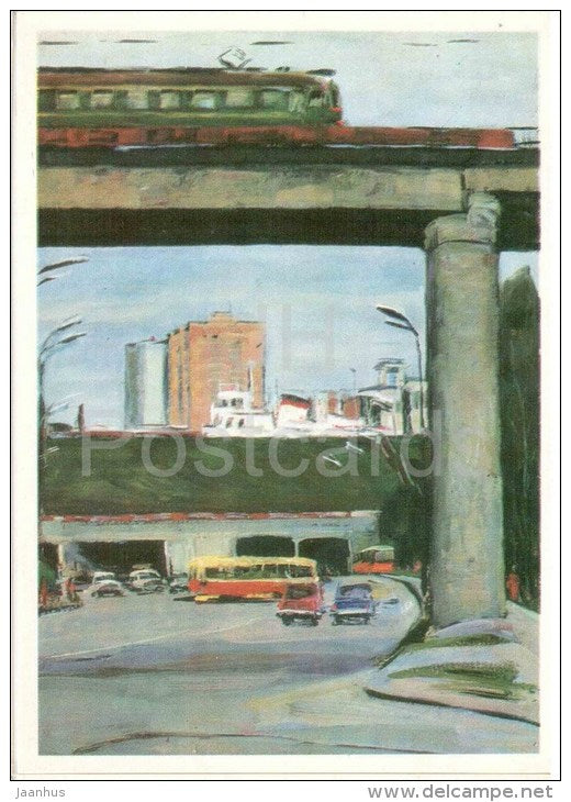 illustration by G. Manizer - Volokolamsk Highway - Moscow - street - train - locomotive - 1975 - Russia USSR - unused - JH Postcards
