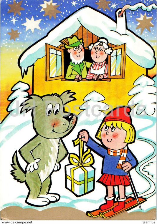 New Year Greeting Card by J. Nemecek - dog - gift - house - Czech Republic - unused - JH Postcards