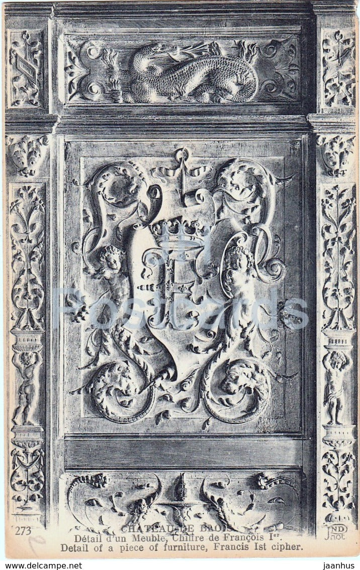 Chateau de Blois - Detail d'un Meuble - Chiffre de Francois Ier - castle - 273 - old postcard - France - unused - JH Postcards