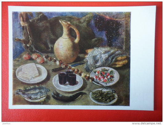 painting by N. Tamamsheva . Still Life - fish - bread - wine - georgian art - unused - JH Postcards