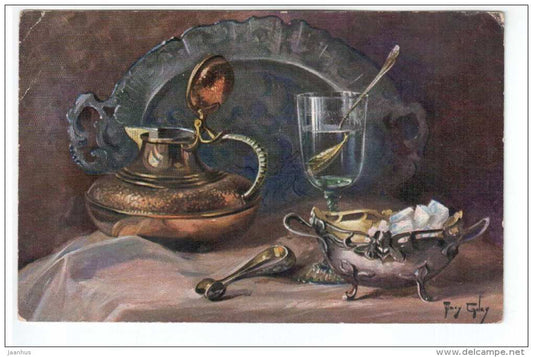 illustration by Gelay - Still Life - sugar bowl - T. S. N. Serie 1777 - old postcard - circulated in Estonia - used - JH Postcards