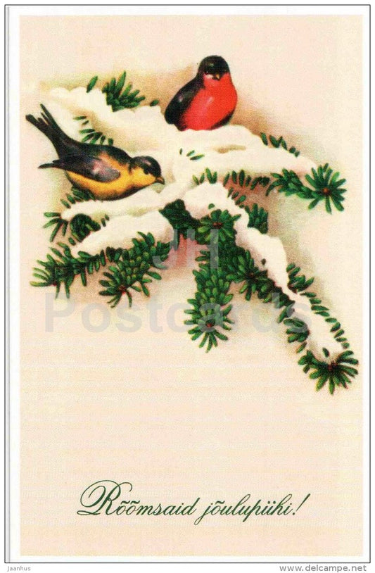 Christmas Greeting Card - bullfinch - bird - old postcard reproduction - Estonia - unused - JH Postcards